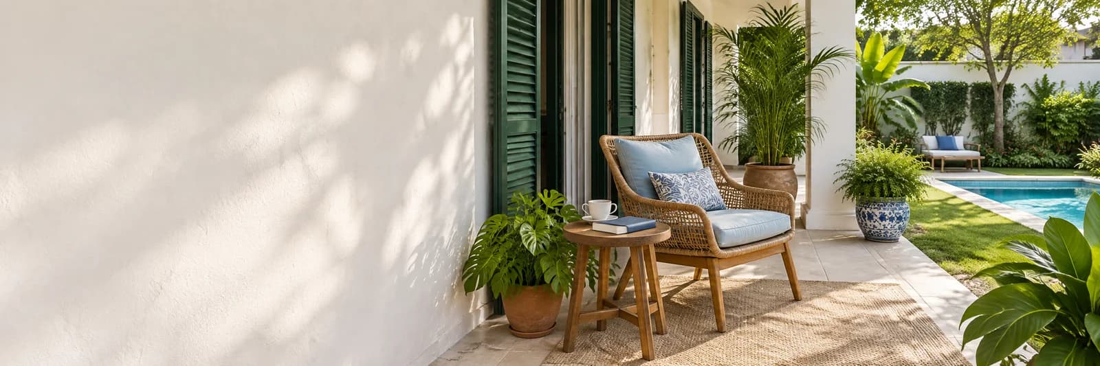 Varanda com plantas, cadeira de leitura e quintal com piscina